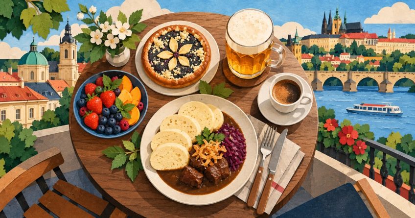 Stůl s českými pokrmy, pivem, kávou a koláčem s výhledem na Prahu