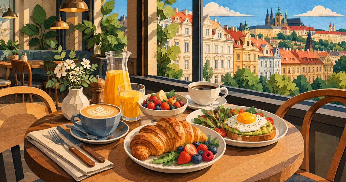 Brunch s croissantem, vejcem a kávou u okna s výhledem na pražské domy